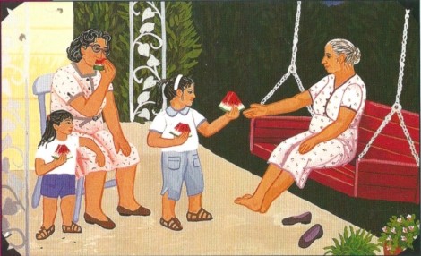 Detail from Watermelon / Sandía on the back cover of Family Pictures / Cuadros de familia.